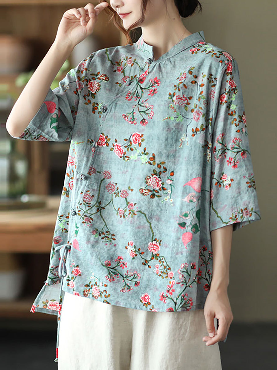 Women Loose Cotton Linen Floral Irregular Vintage Shirt