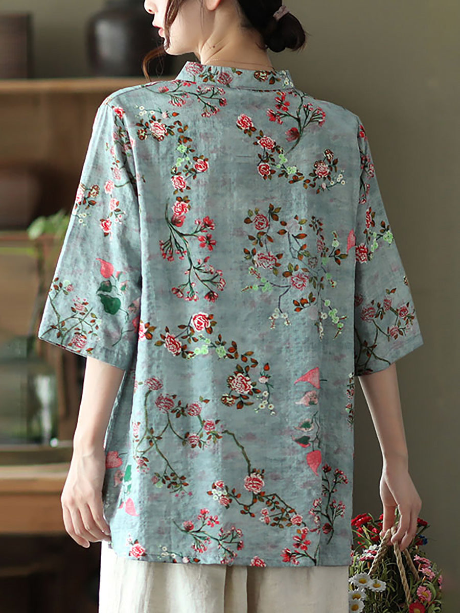 Women Loose Cotton Linen Floral Irregular Vintage Shirt