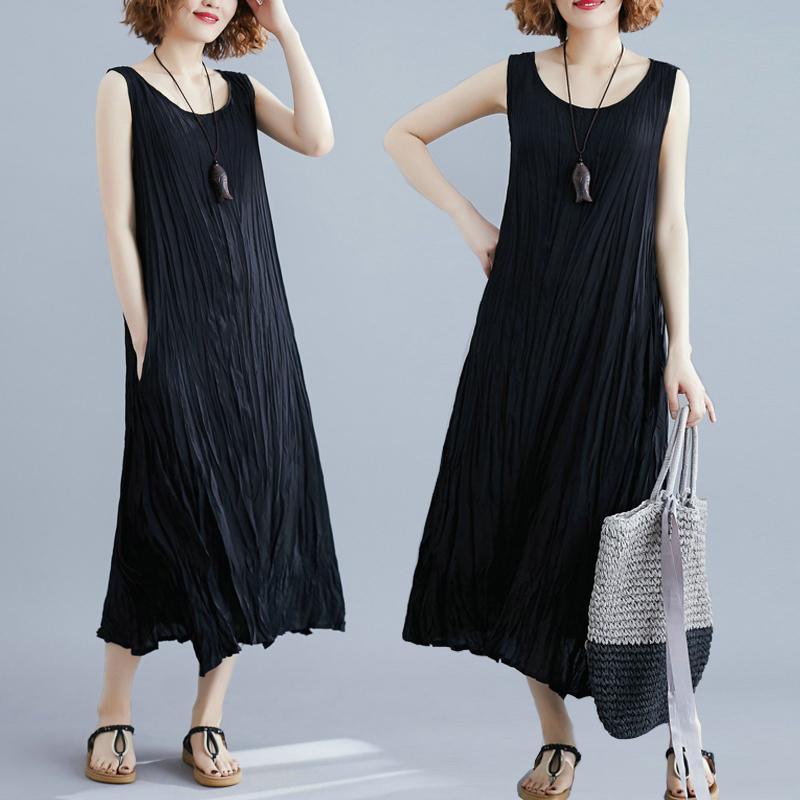 2021 Summer Pleated Solid Color Sleeveless Dress - Omychic