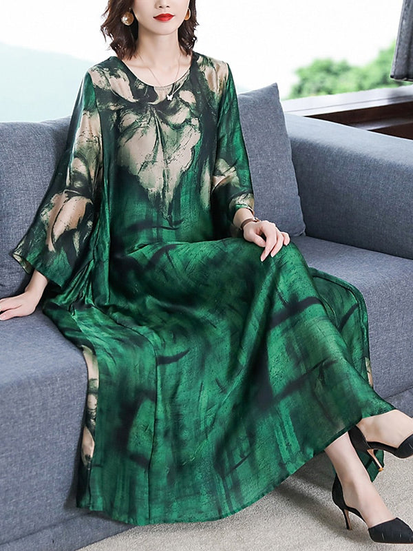 Loose Casual Green Print Beach Maxi Midi Dress