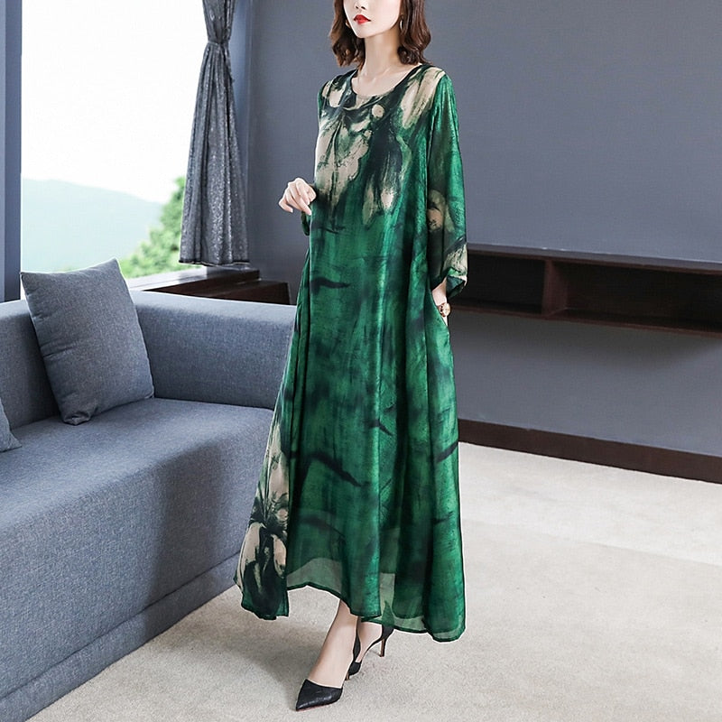 Loose Casual Green Print Beach Maxi Midi Dress