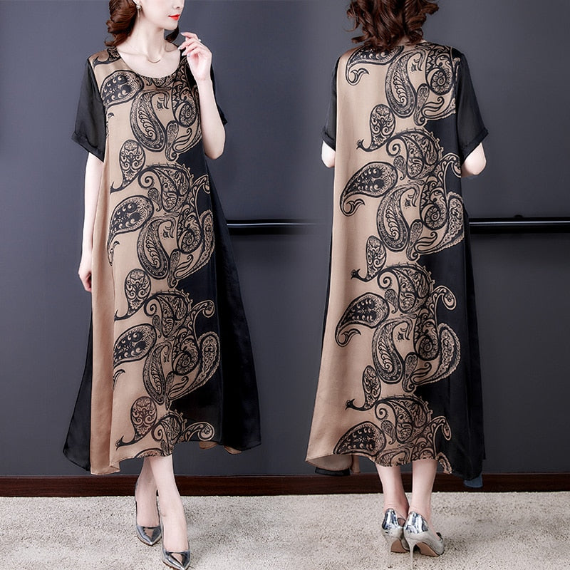 Plus Size Elegant Mulberry Silk Dress Short Sleeve