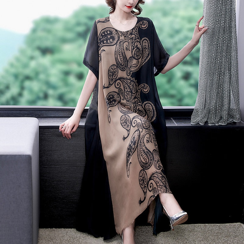 Plus Size Elegant Mulberry Silk Dress Short Sleeve