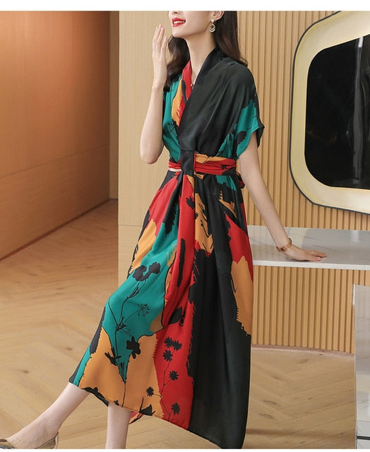 2023 Summer Elegant Satin Shirt Dress Tunic Midi Dress