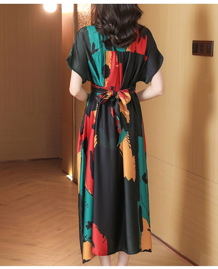 2023 Summer Elegant Satin Shirt Dress Tunic Midi Dress