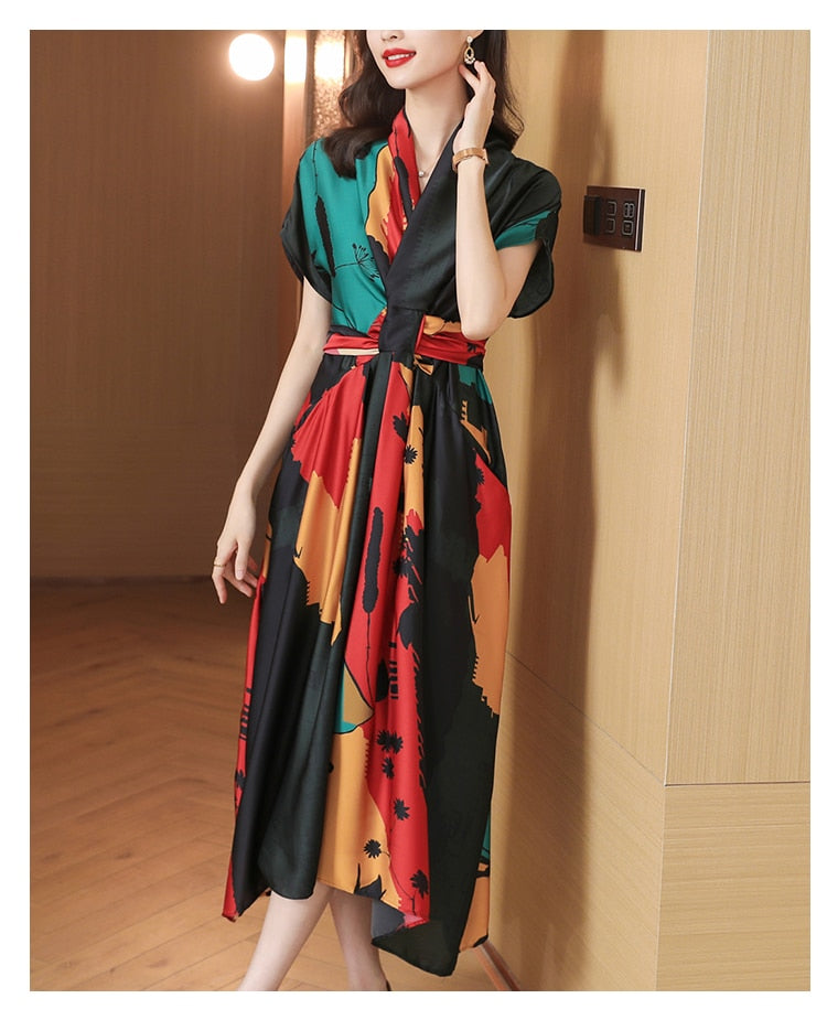 2023 Summer Elegant Satin Shirt Dress Tunic Midi Dress