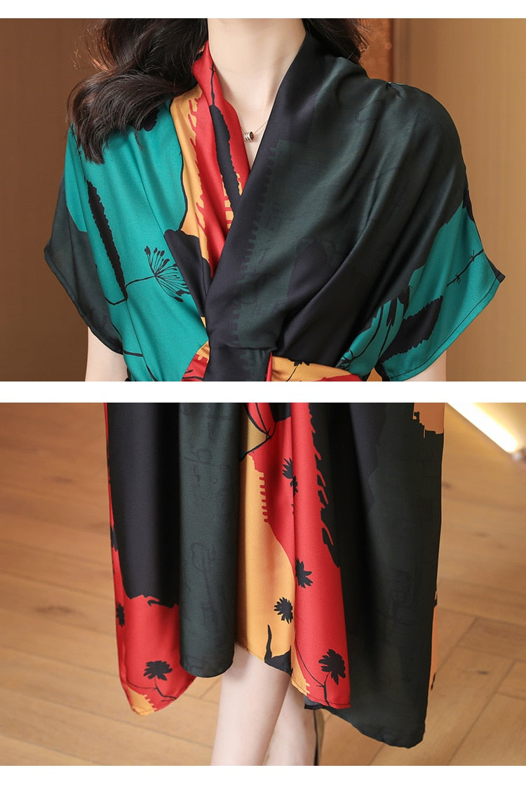 2023 Summer Elegant Satin Shirt Dress Tunic Midi Dress