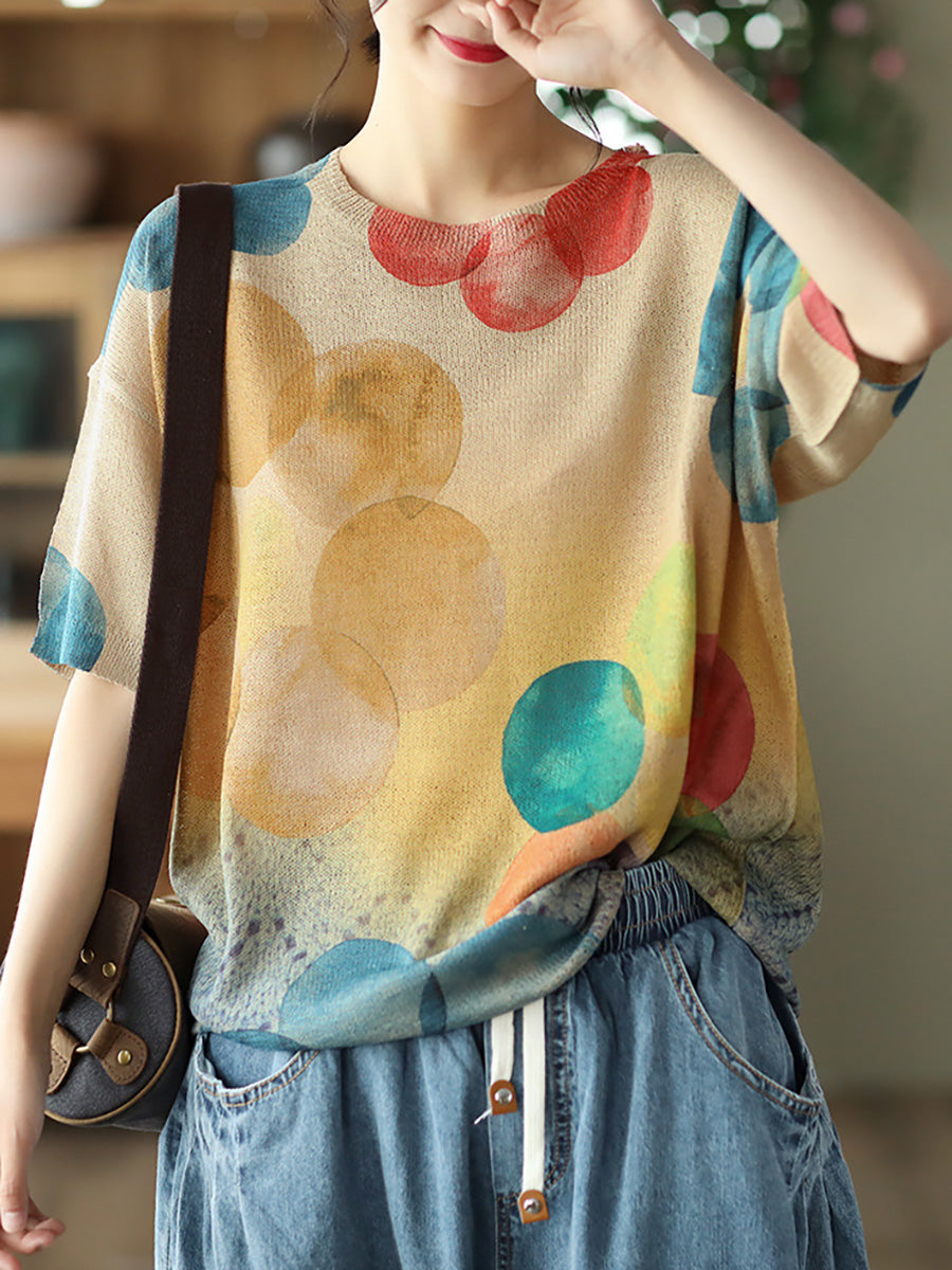 Casual Floral Linen Knited Women Tops Half Sleeve