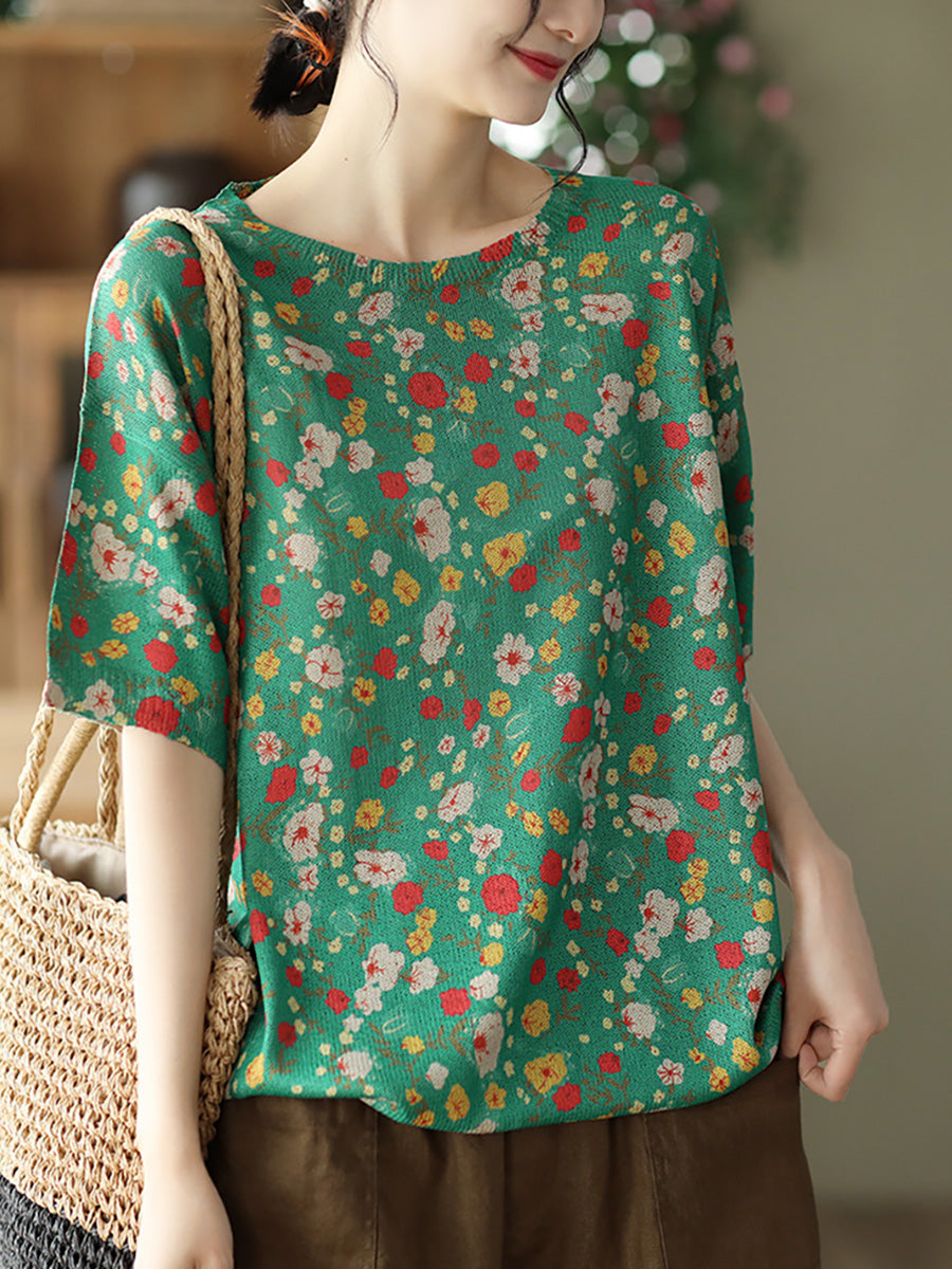 Casual Floral Linen Knited Women Tops Half Sleeve