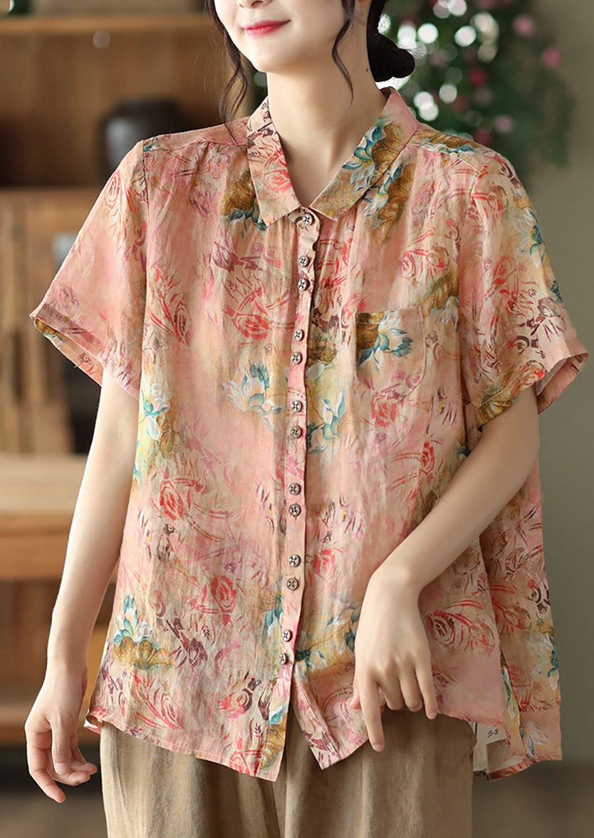 Plus Size Floral Vintage Ramie Summer Loose Shirt Blouse