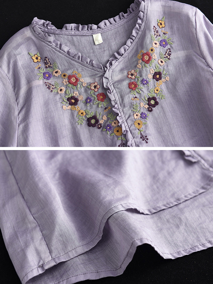 Summer Ramie Embroidered Casual Women Loose T Shirt