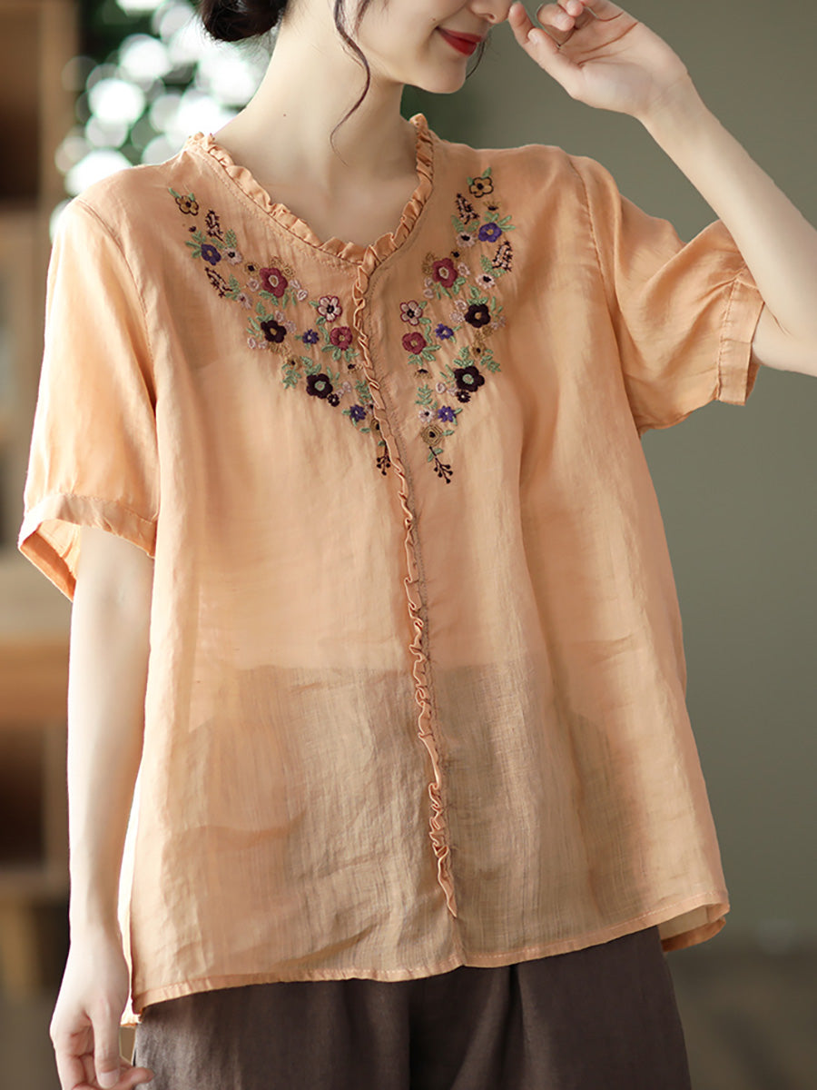 Summer Ramie Embroidered Casual Women Loose T Shirt