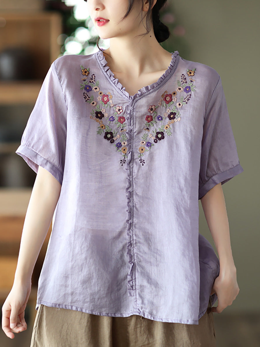 Summer Ramie Embroidered Casual Women Loose T Shirt