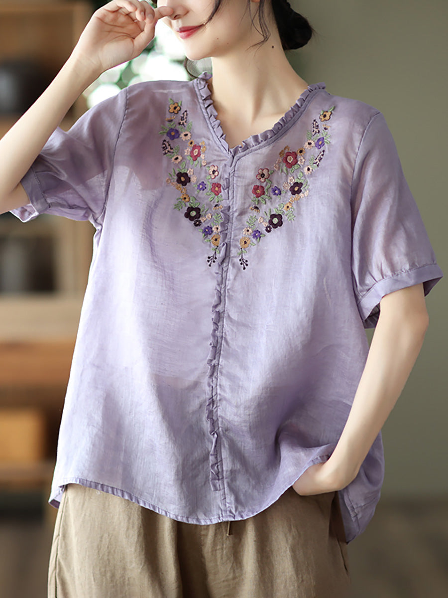 Summer Ramie Embroidered Casual Women Loose T Shirt