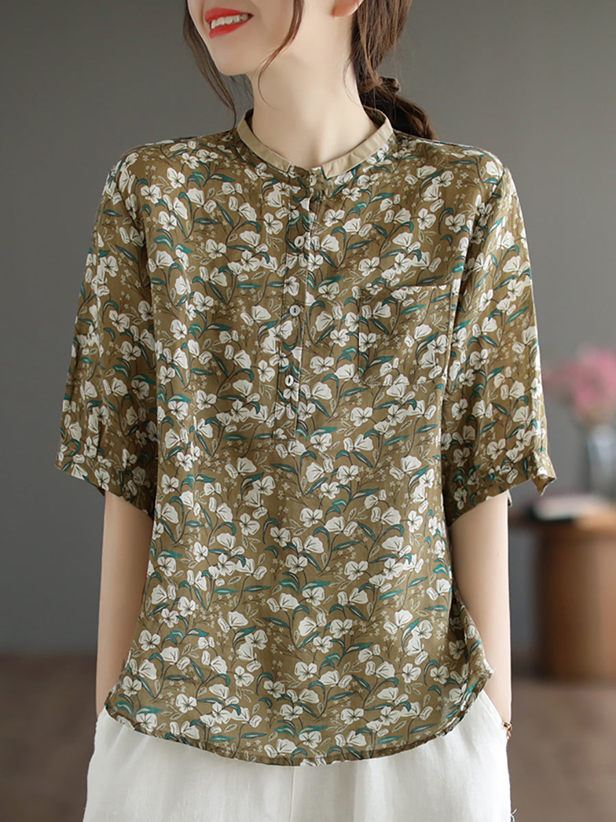 Floral Summer Ramie Women Loose Shirt
