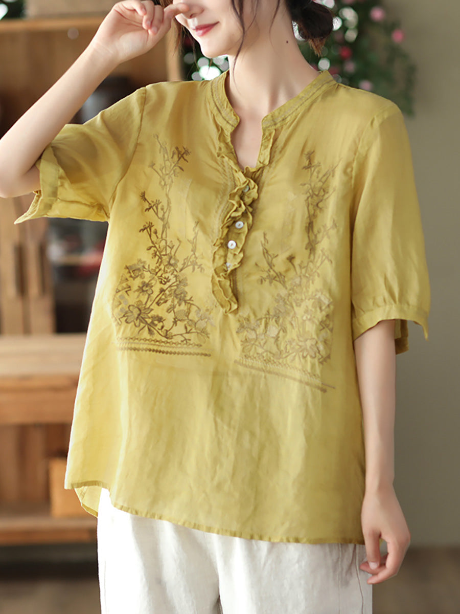 Embroidered Vintage Ramie Women Loose Shirt