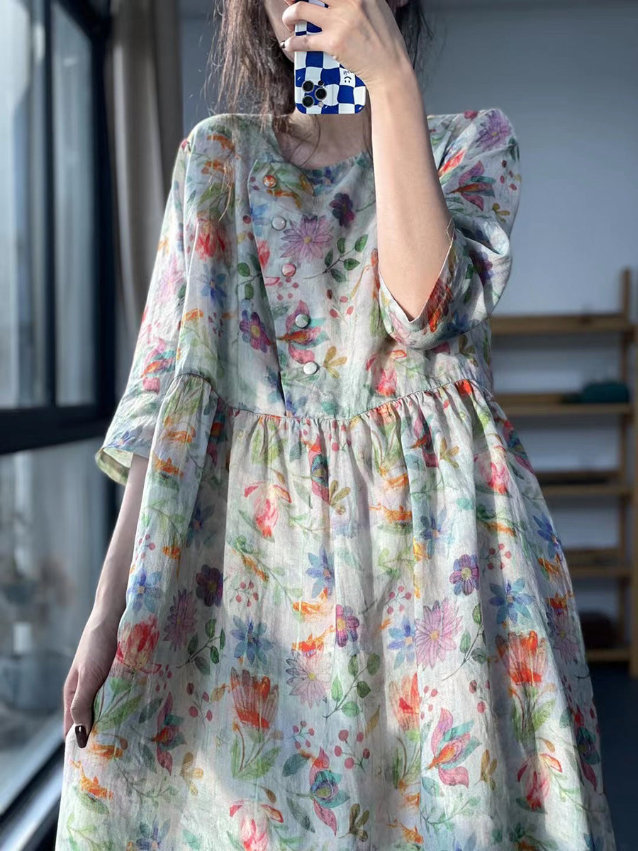 Plus Size Floral Pleated Summer Casual Loose Dress