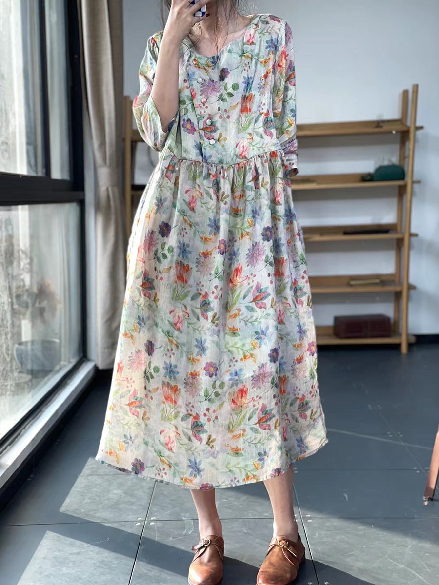 Plus Size Floral Pleated Summer Casual Loose Dress