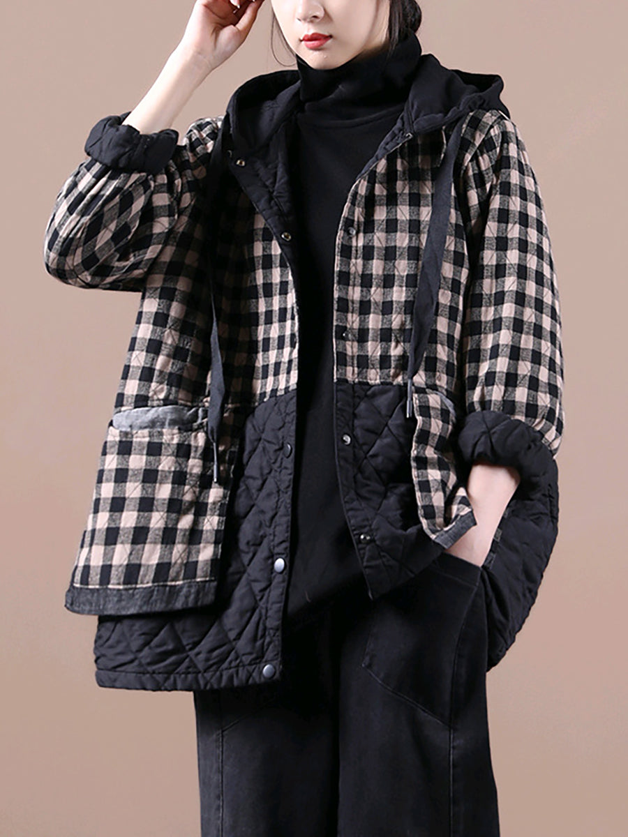 Loose Korean Style Plaid Hooded Colorblock Padded Coat