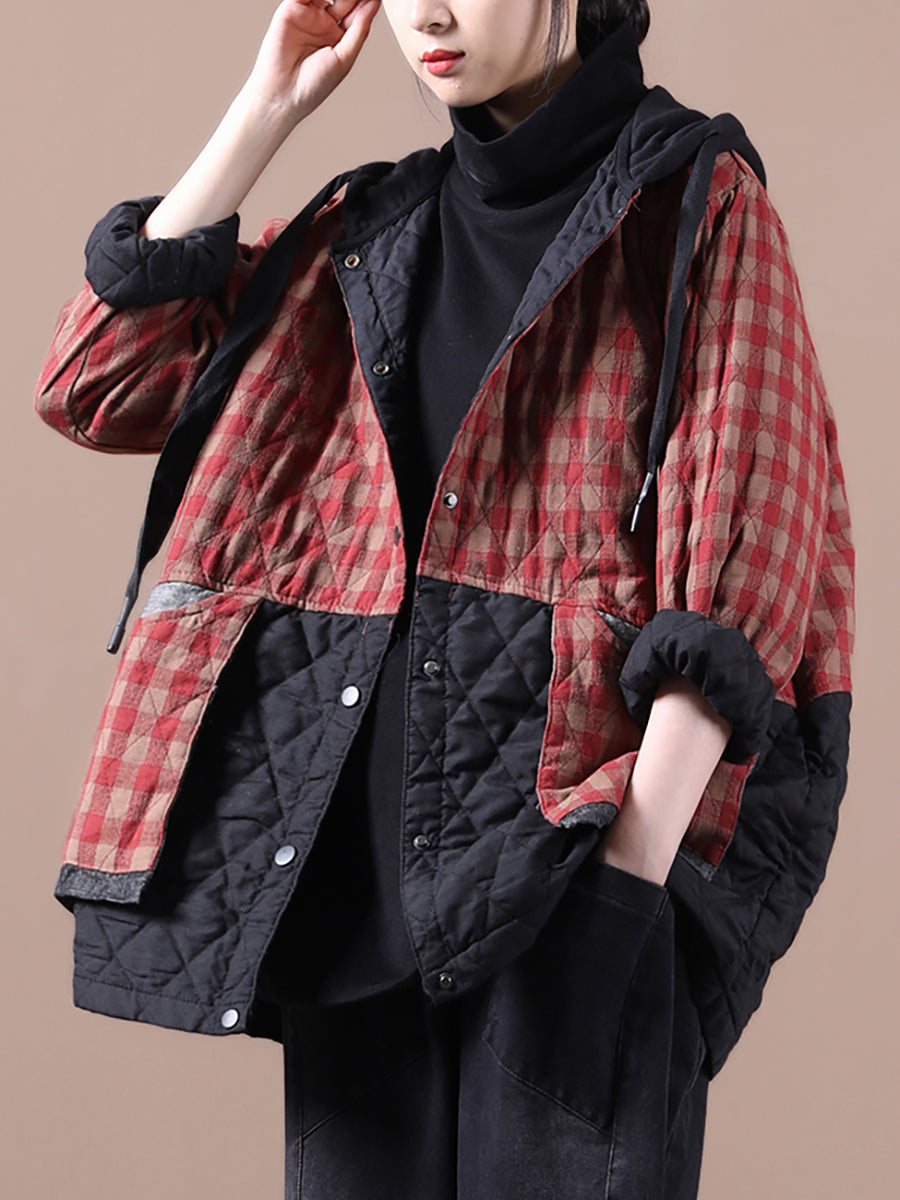 Loose Korean Style Plaid Hooded Colorblock Padded Coat