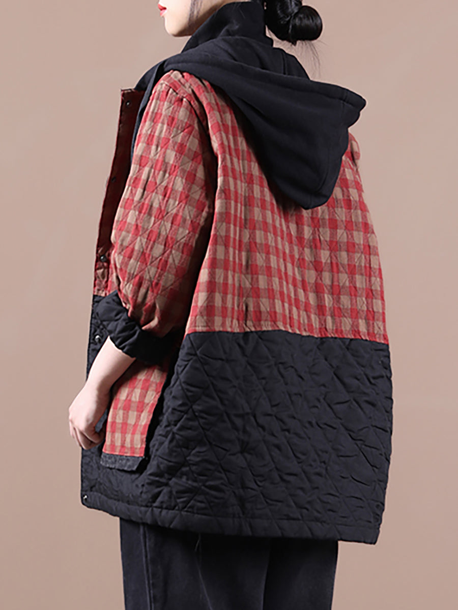 Loose Korean Style Plaid Hooded Colorblock Padded Coat