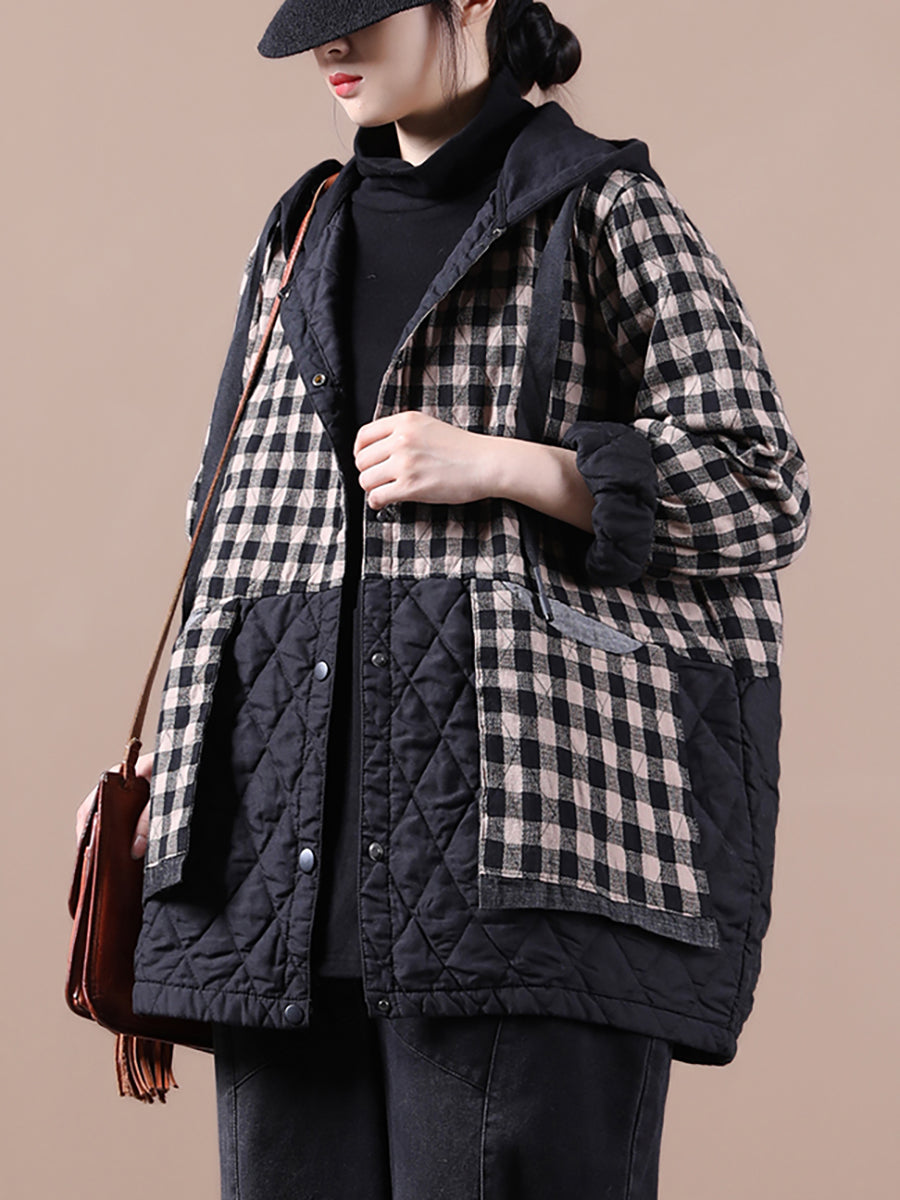 Loose Korean Style Plaid Hooded Colorblock Padded Coat