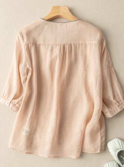 Embroidery Cotton And Linen T Shirt Short Sleeve