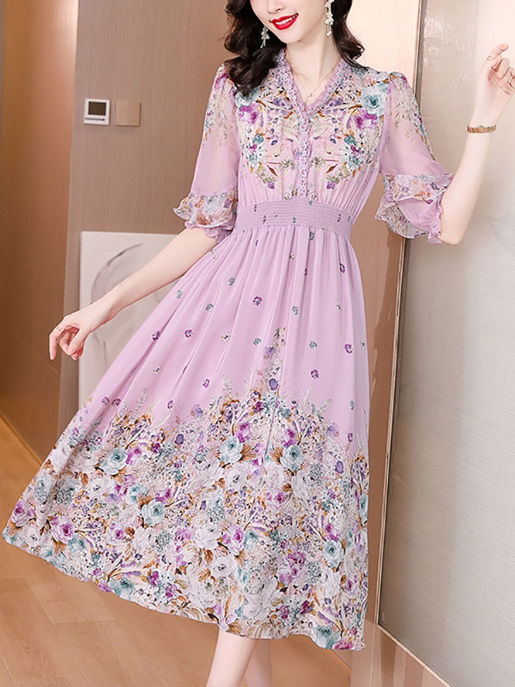 Fashion Floral Silk V-Neck Dress Butterfly Sleeve