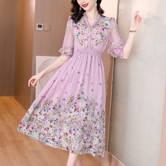 Fashion Floral Silk V-Neck Dress Butterfly Sleeve