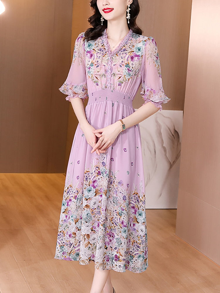 Fashion Floral Silk V-Neck Dress Butterfly Sleeve