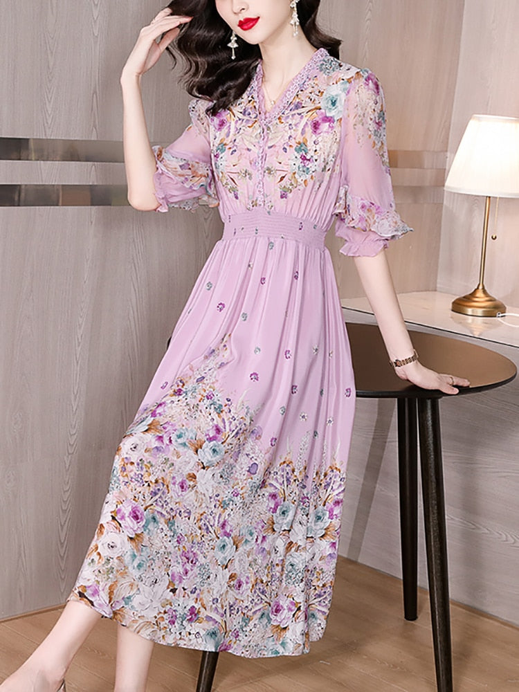 Fashion Floral Silk V-Neck Dress Butterfly Sleeve