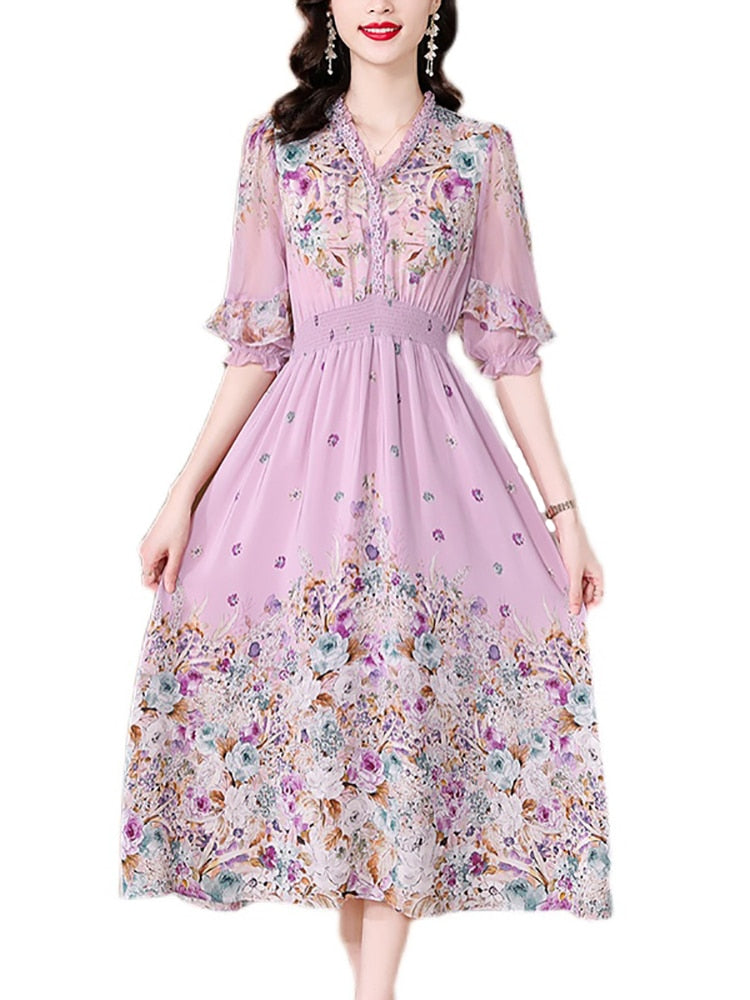 Fashion Floral Silk V-Neck Dress Butterfly Sleeve