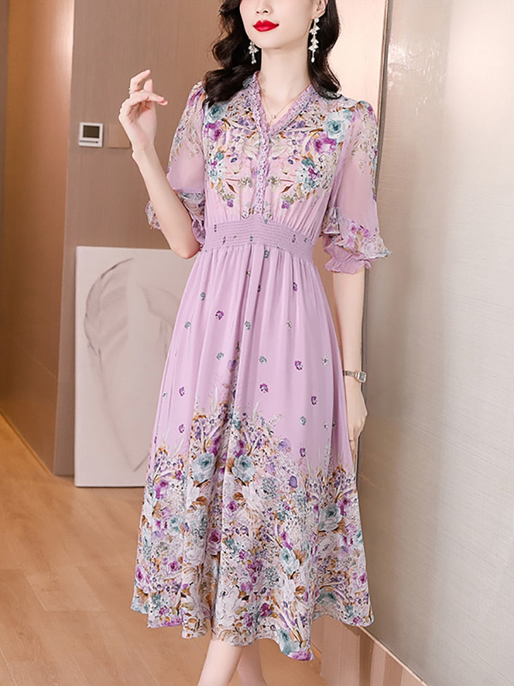 Fashion Floral Silk V-Neck Dress Butterfly Sleeve
