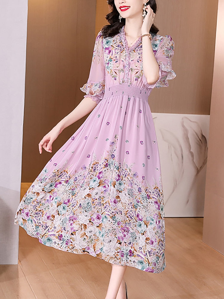 Fashion Floral Silk V-Neck Dress Butterfly Sleeve