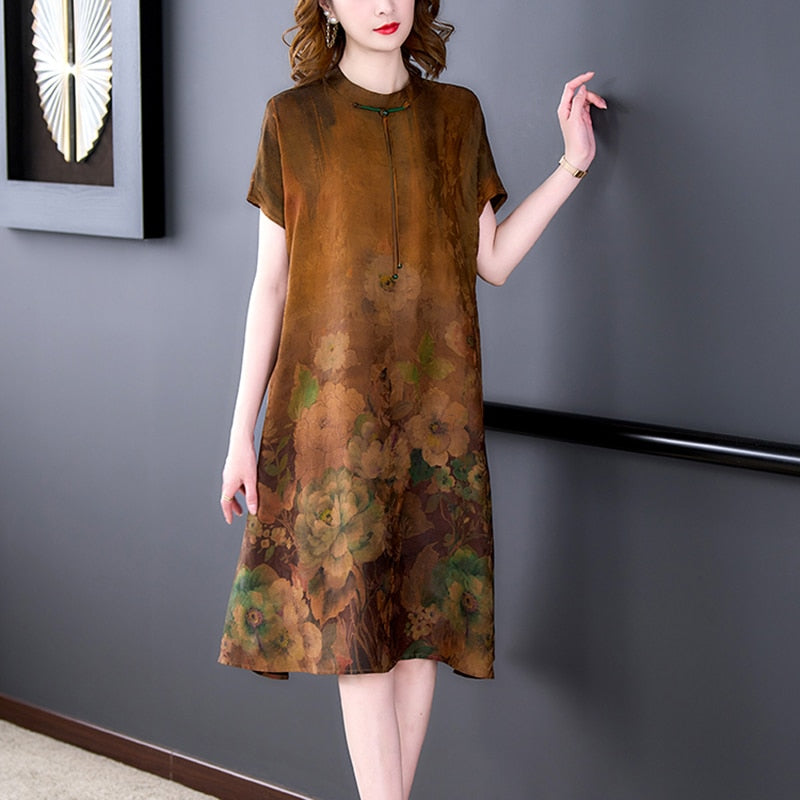 Plus Size Floral Elegant Loose Waist Silk Dress