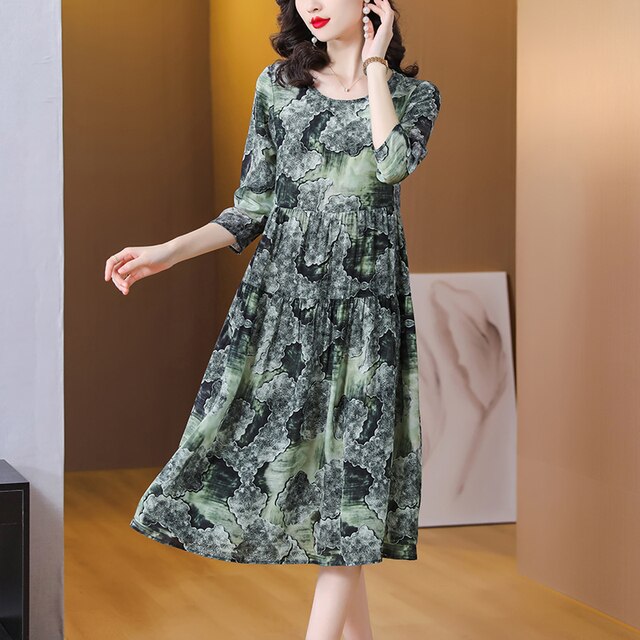 Vintage Green Print Natural Silk Midi Dress