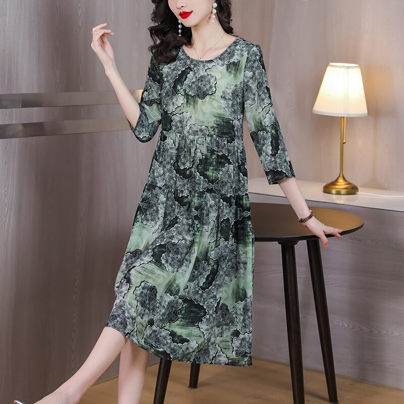 Vintage Green Print Natural Silk Midi Dress