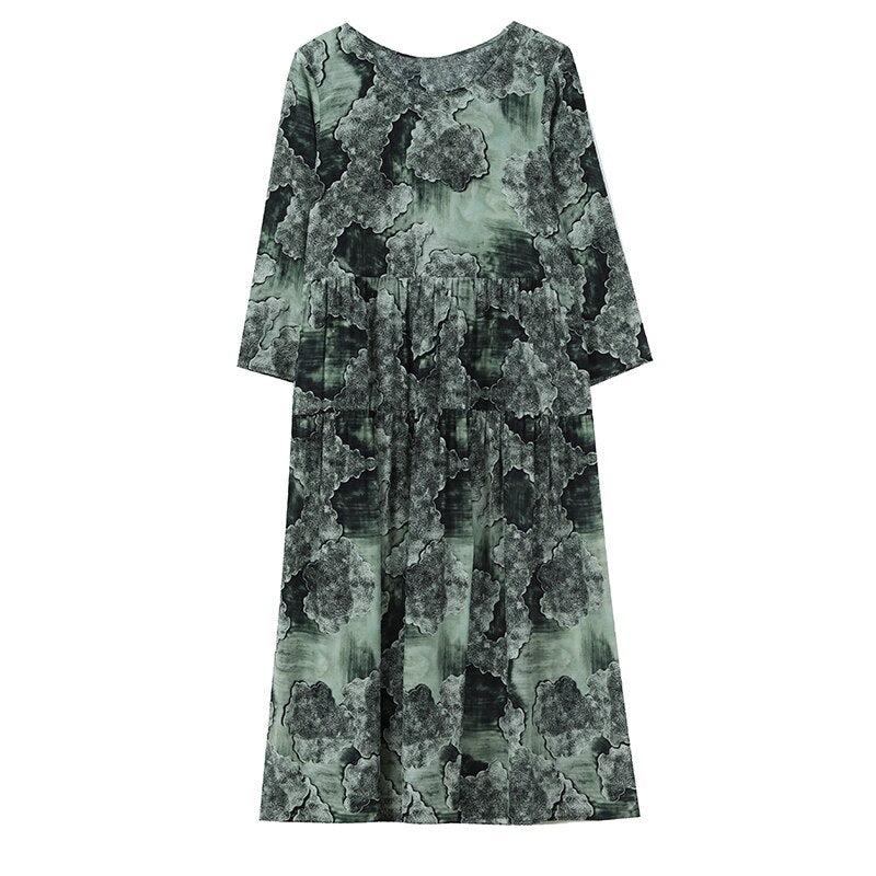 Vintage Green Print Natural Silk Midi Dress