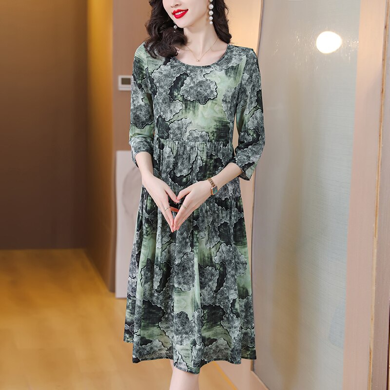 Vintage Green Print Natural Silk Midi Dress