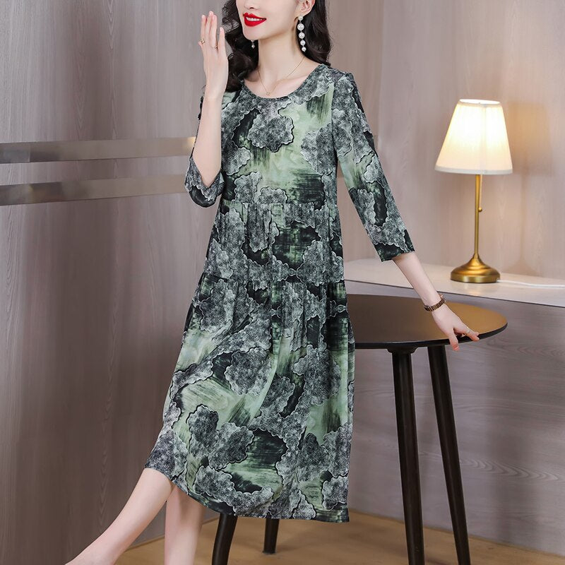 Vintage Green Print Natural Silk Midi Dress