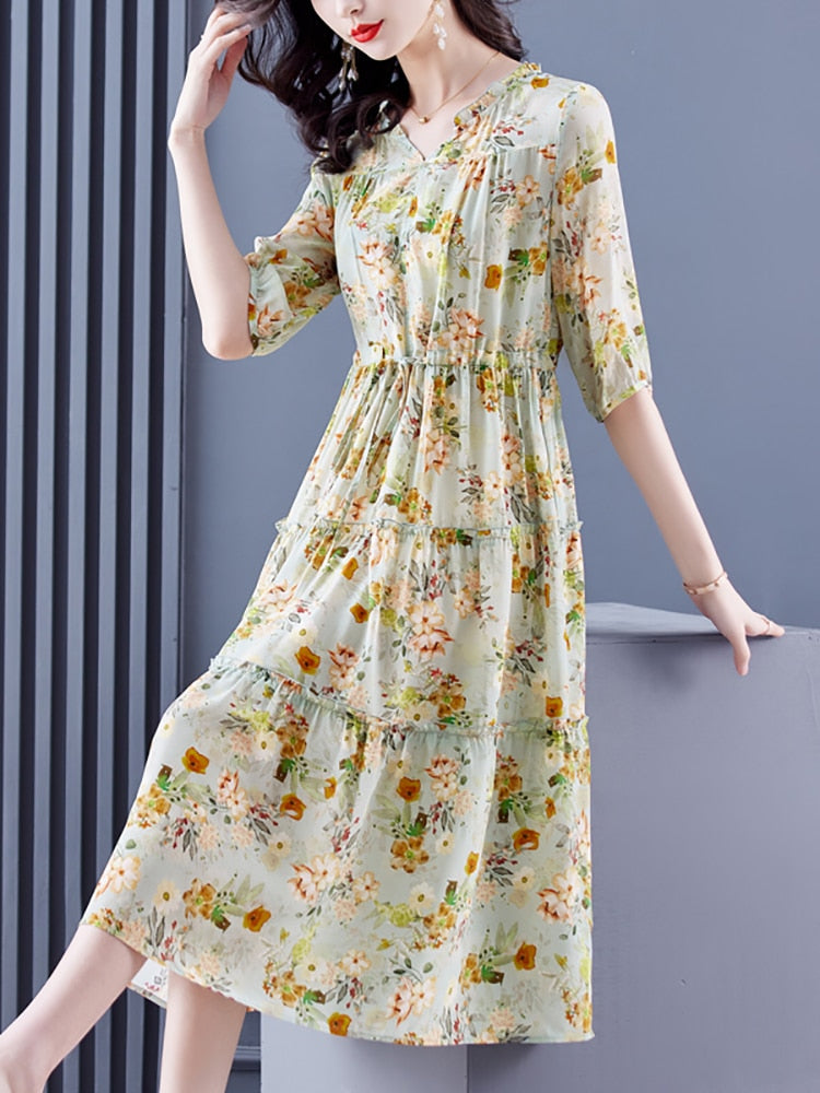 Casual Floral Silk Ruffled V-Neck Midi Dress