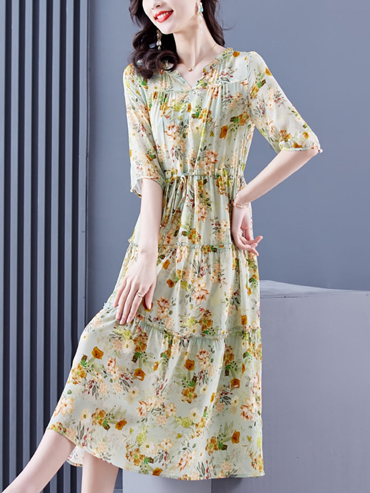 Casual Floral Silk Ruffled V-Neck Midi Dress
