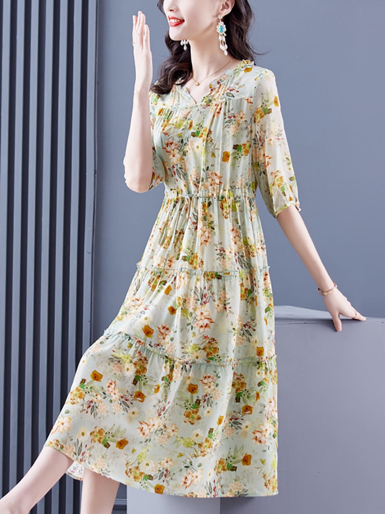 Casual Floral Silk Ruffled V-Neck Midi Dress