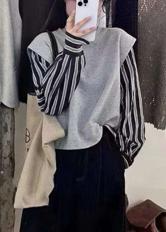 2023 New Grey Fake Two Piece Spliced Stripe Top Autumn