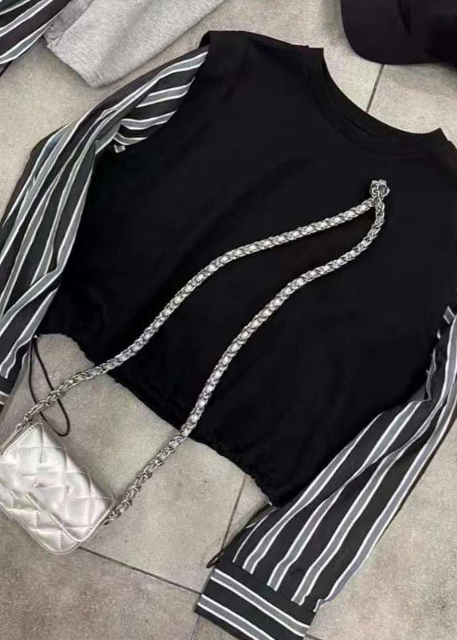 2023 New Grey Fake Two Piece Spliced Stripe Top Autumn