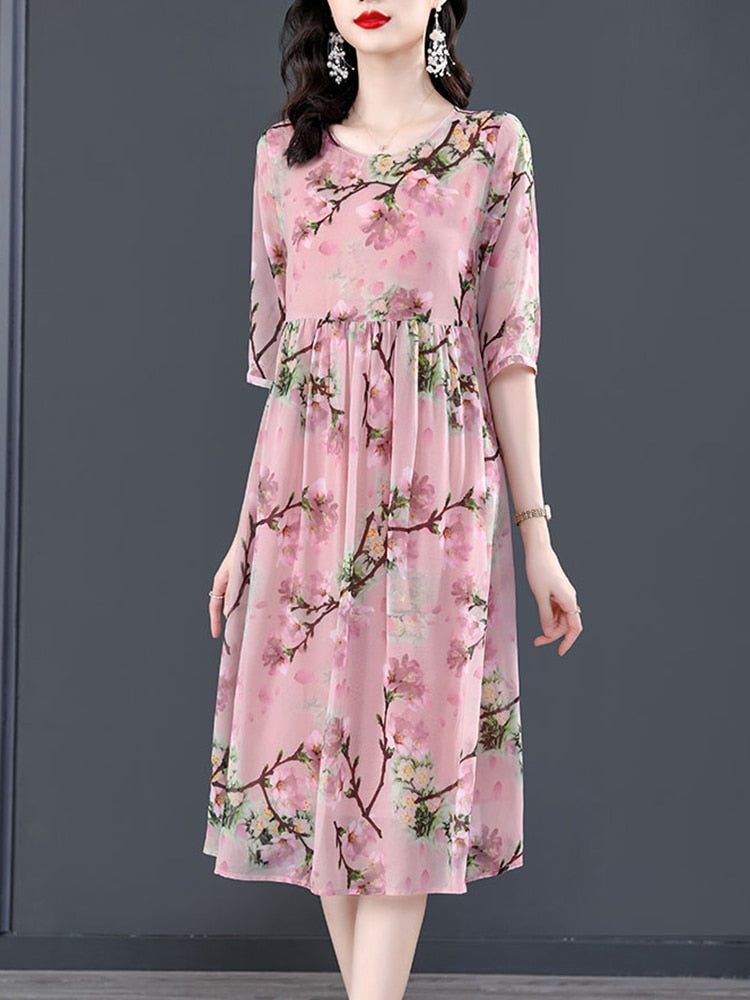 Women Boho Floral Silk Loose Waist Midi Dress