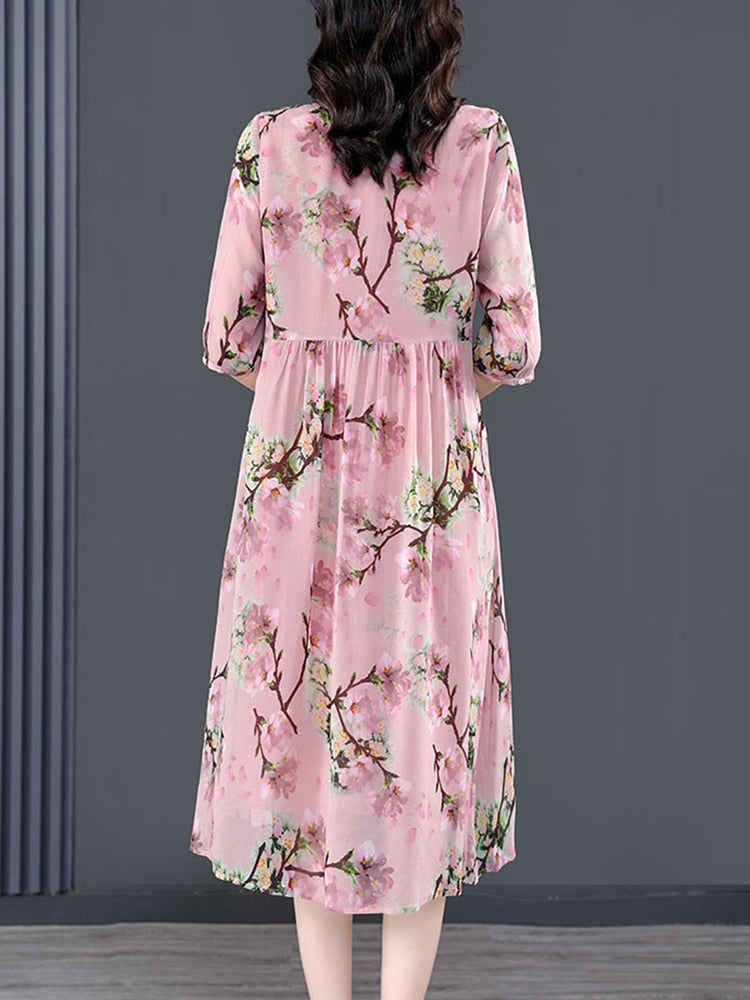 Women Boho Floral Silk Loose Waist Midi Dress