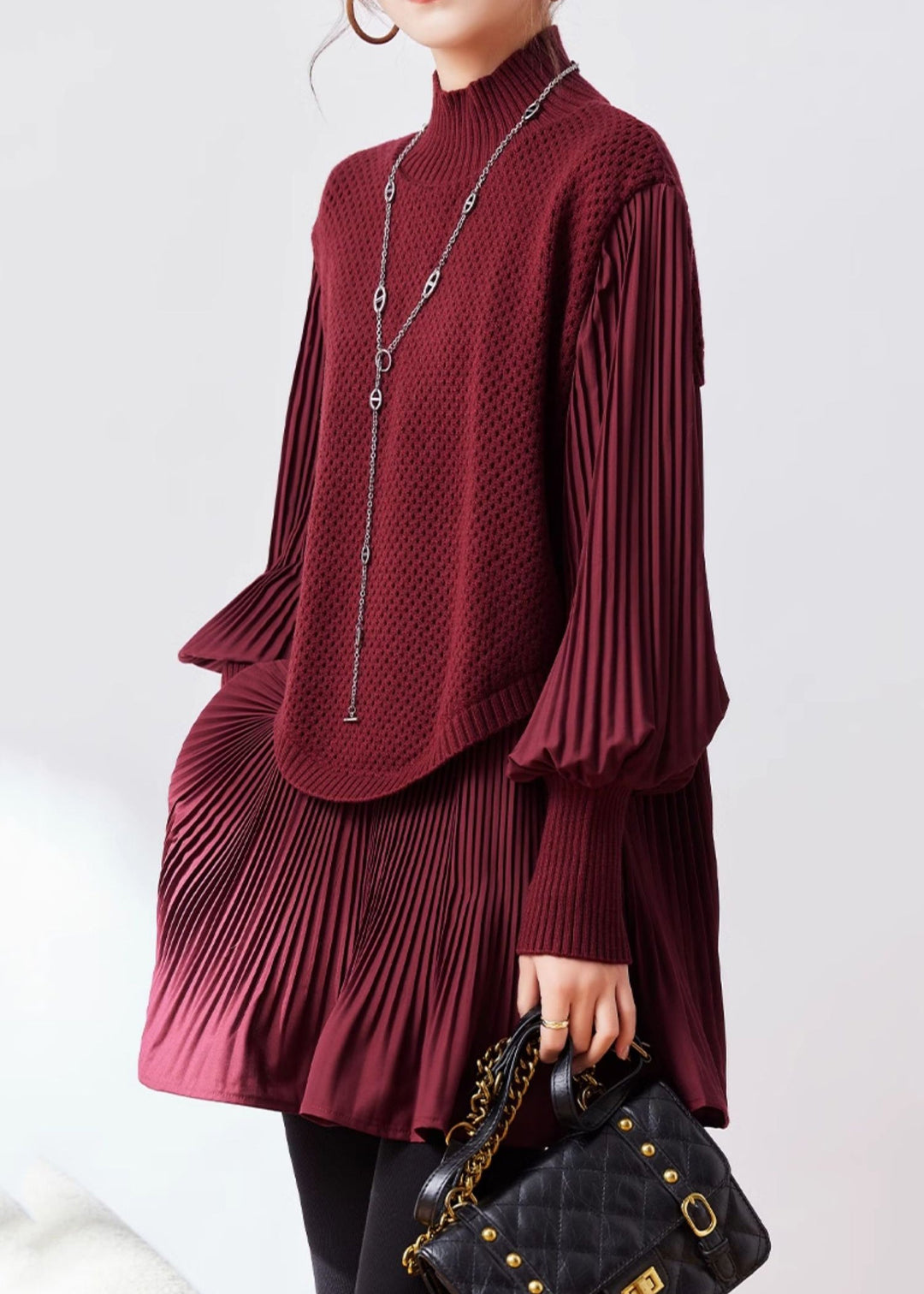 2023 New Wine Red Half High Neck Knitted Spliced Fake Two Piece Sweater Winter