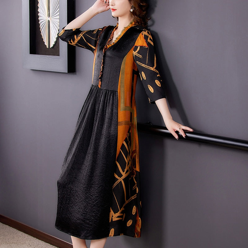 Plus Size Elegant Vintage Silk Midi Dresses