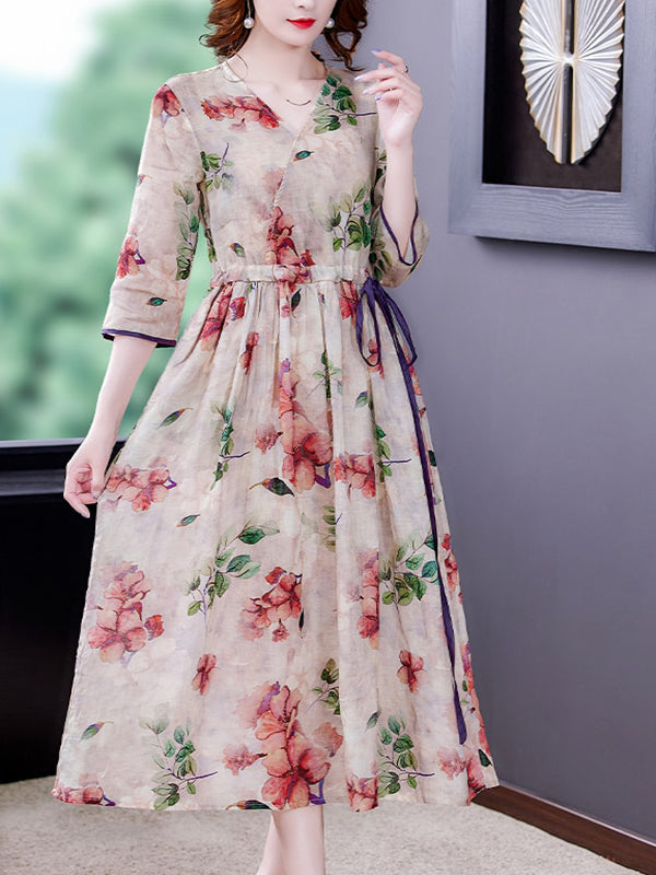 Plus Size Pink Flower Print Cotton Dress Short Sleeve